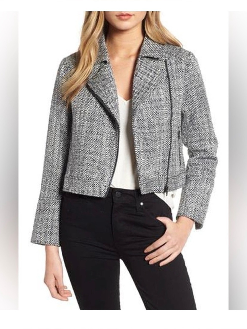 cupcakes & cashmere Black and White Tweed Cropped Moto Blazer